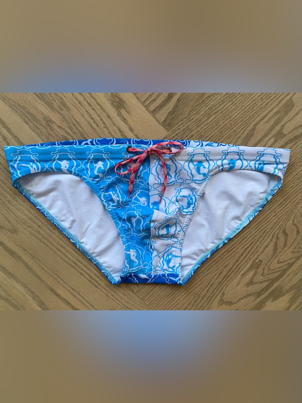 Men's Blue Merman Patterned Swim Trunks with Red Drawstring